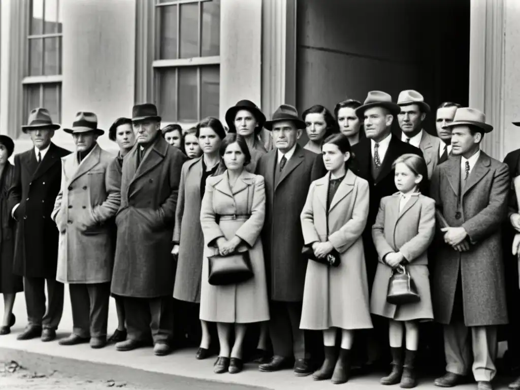 Imagen en blanco y negro de personas esperando afuera de una oficina de ayuda durante la Gran Depresión