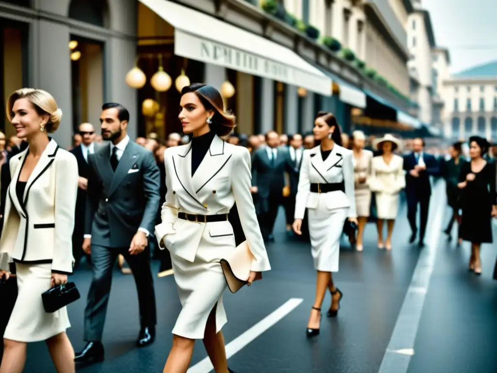 Imagen en blanco y negro de la Semana de la moda siglo XX en Milán, con asistentes elegantes y el glamour de la alta costura