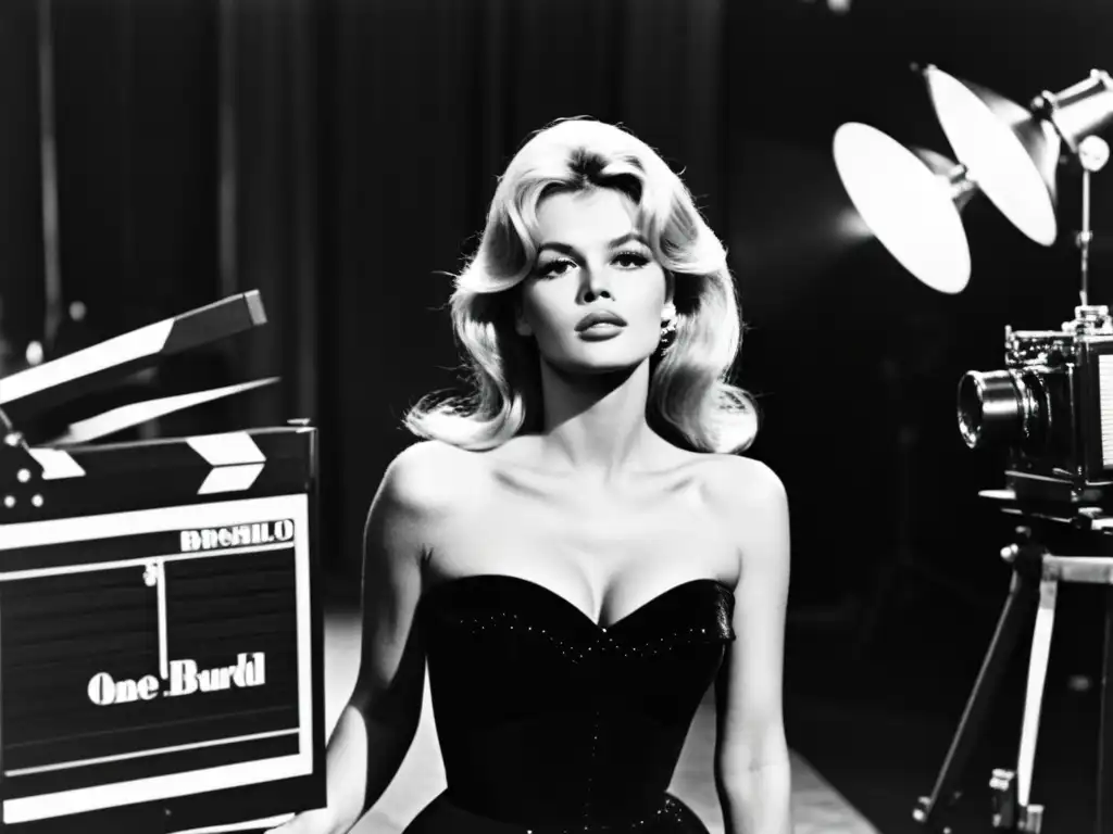 Imagen en blanco y negro de Brigitte Bardot en el set de una película, evocando el estilo bombshell