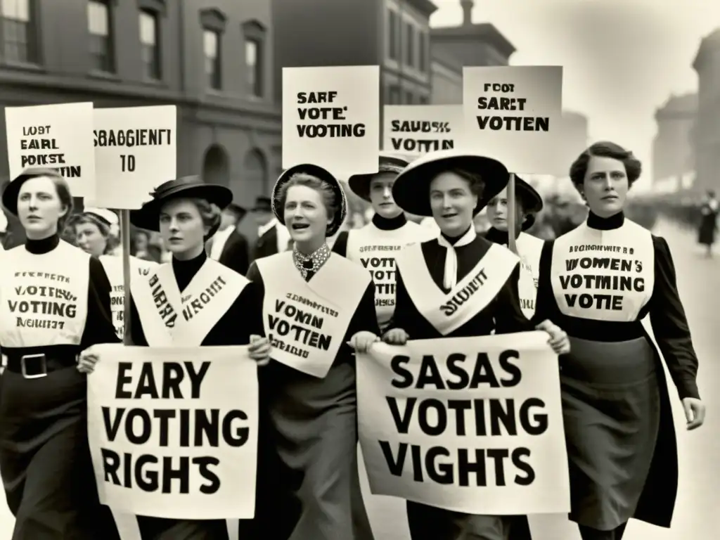 Imagen en blanco y negro de sufragistas marchando en una protesta por el derecho al voto de las mujeres en el siglo XX