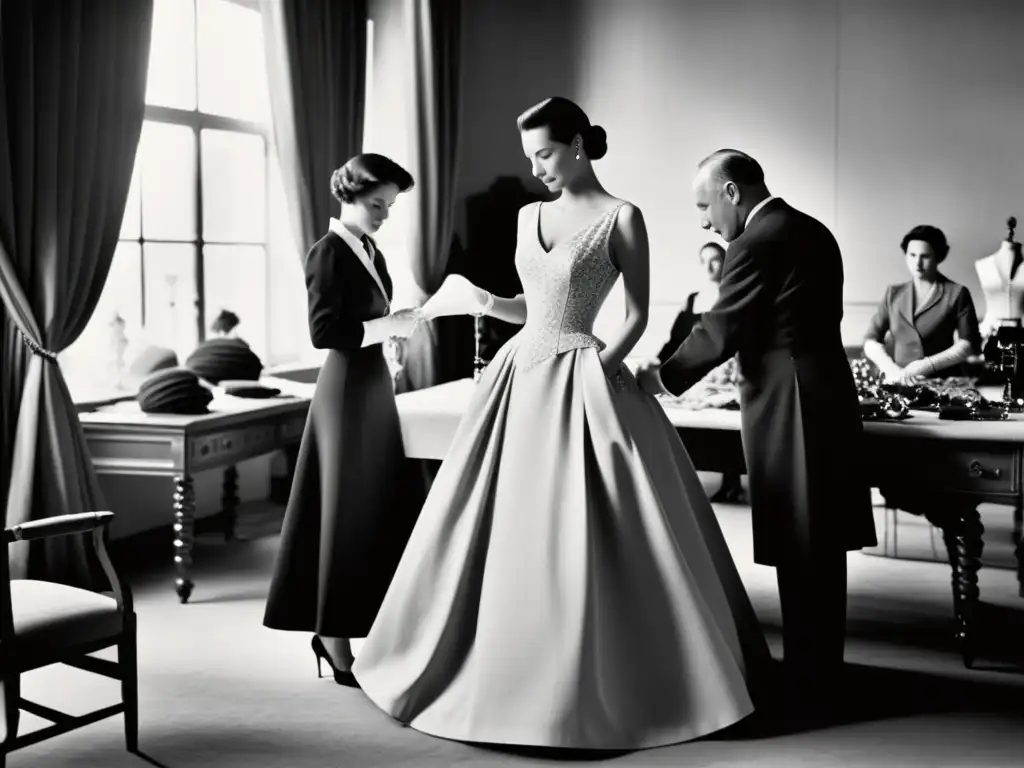 Imagen en blanco y negro de Christian Dior en su taller, rodeado de costureras confeccionando el icónico vestido Junon