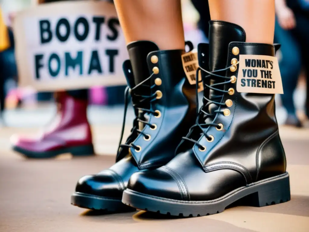 Imagen de botas de combate desgastadas con símbolos feministas, en medio de una manifestación de mujeres