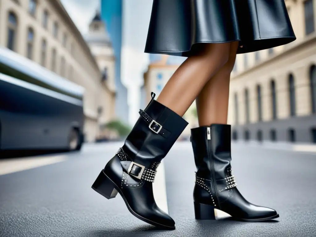 Imagen de botas de Jimmy Choo tendencias moda: modelo con botas de cuero negro, paseando con confianza en la ciudad