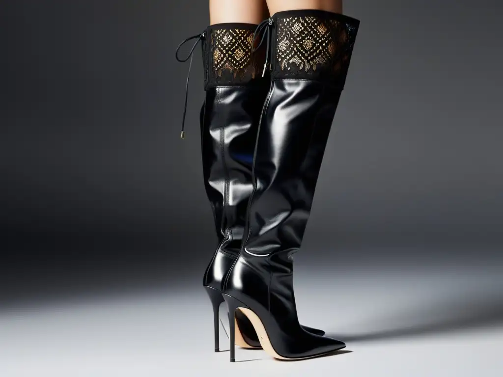Imagen de botas de Jimmy Choo tendencias moda: refinadas botas negras sobre la rodilla con detalles de encaje, en un ambiente de moda y glamour