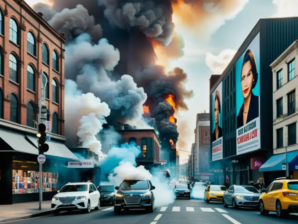 Una imagen de una bulliciosa calle de la ciudad con carteles de campaña política vibrantes y fábricas emitiendo humo