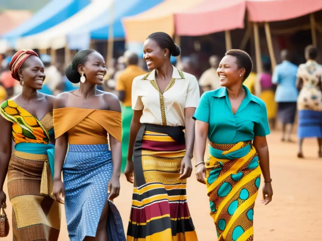 Imagen de un bullicioso mercado en Malawi con textiles vibrantes y mujeres usando faldas de Chitenge, reflejando la historia de Mayamiko moda ética