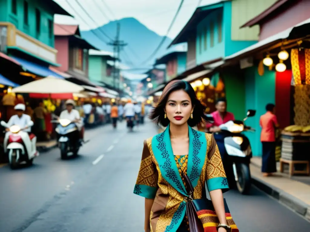 Una imagen de una calle bulliciosa en Indonesia, donde una persona viste un moderno batik