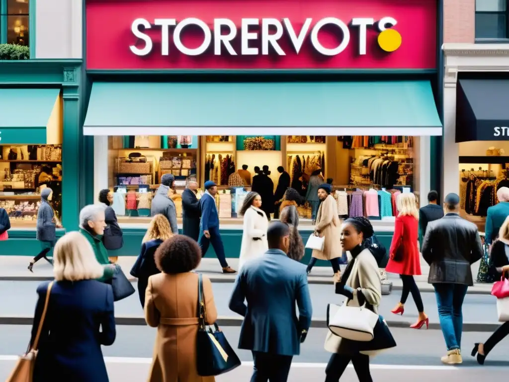 Imagen de calle bulliciosa con tiendas de moda, gente comprando y conversando