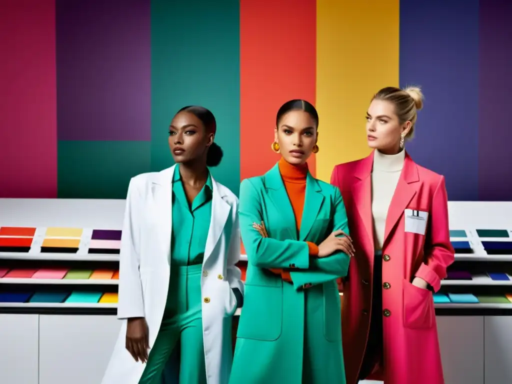 Imagen de campaña de moda con modelos en colores vibrantes, en un laboratorio de psicología del color, fusionando moda y ciencia