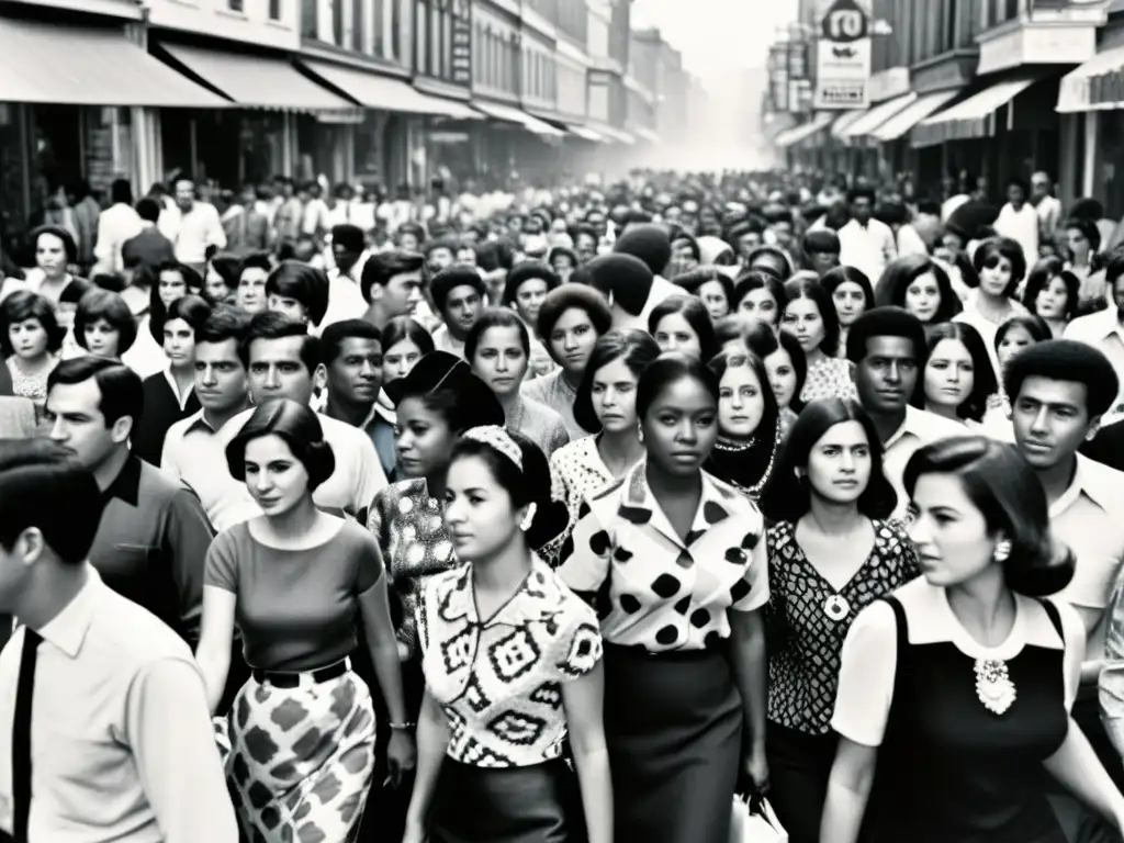 Imagen de una concurrida calle de la ciudad en los años 60, donde la moda es expresión social y de rebeldía