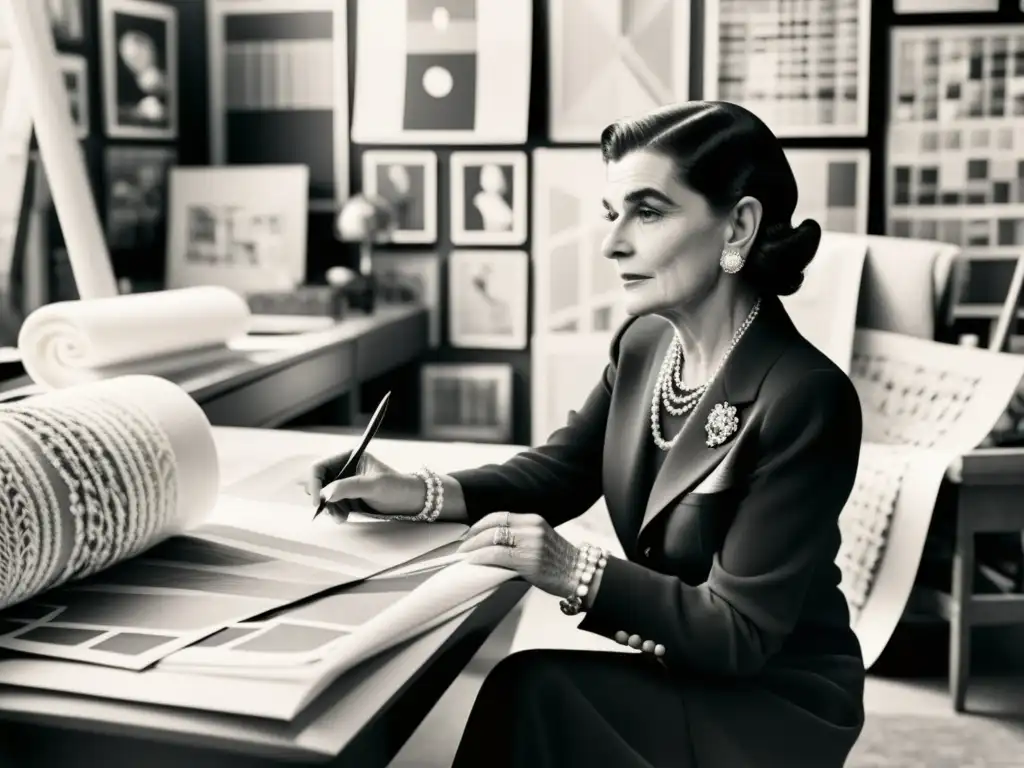 Imagen detallada en blanco y negro de Coco Chanel en su atelier, rodeada de bocetos y telas