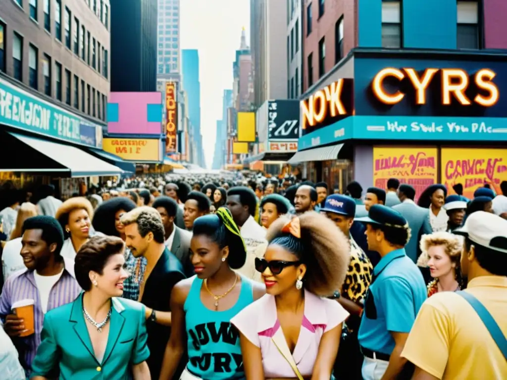 Imagen detallada de una bulliciosa calle de Nueva York en los 80, con moda vibrante que refleja el impacto cultural de la moda de los 80