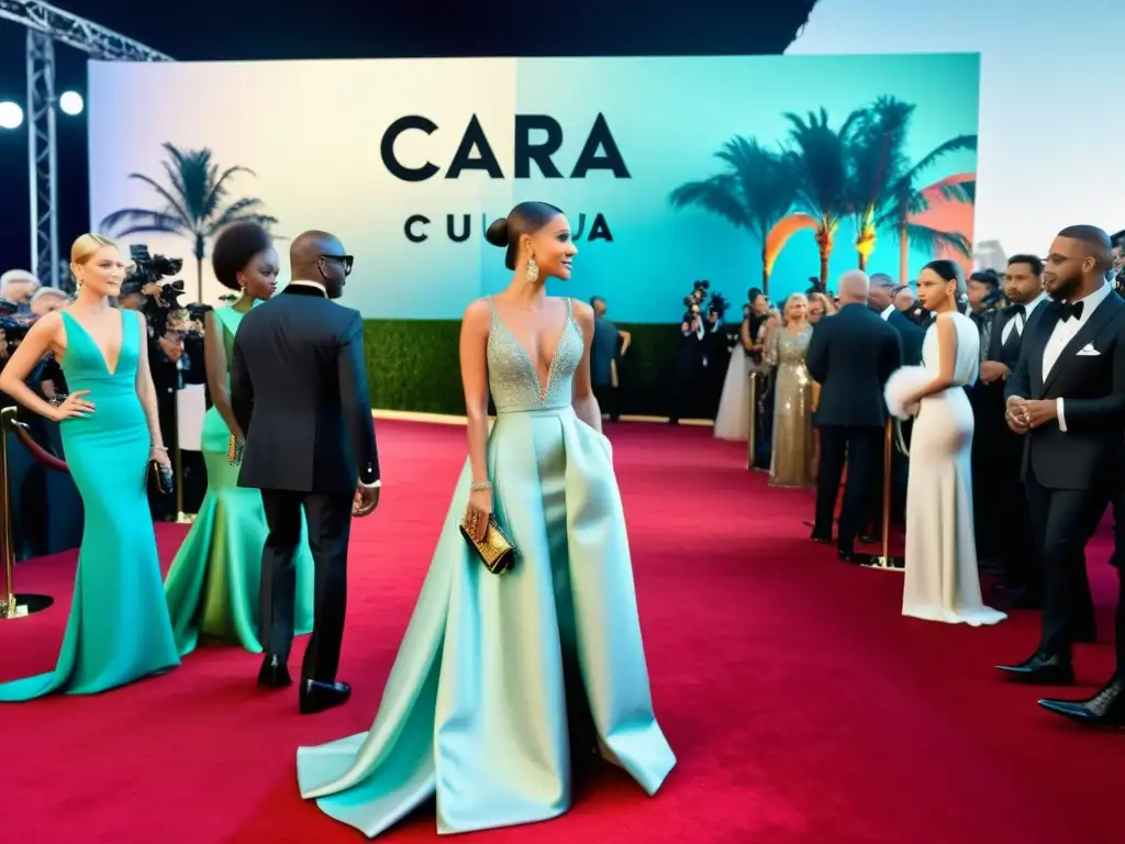 Imagen detallada de una colaboración de moda con celebridades en un evento de alta costura, con celebridades y diseñadores en la alfombra roja