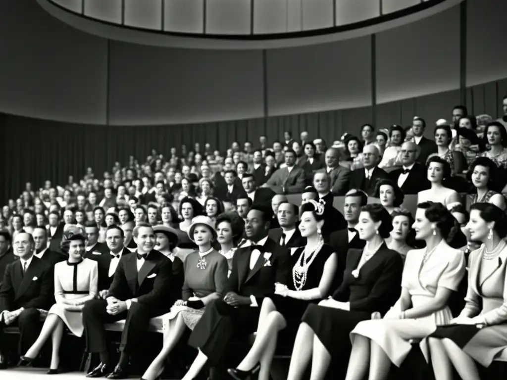 Imagen detallada de un desfile de moda vintage del siglo XX, mostrando la evolución de la presentación de la moda en un bullicioso auditorio