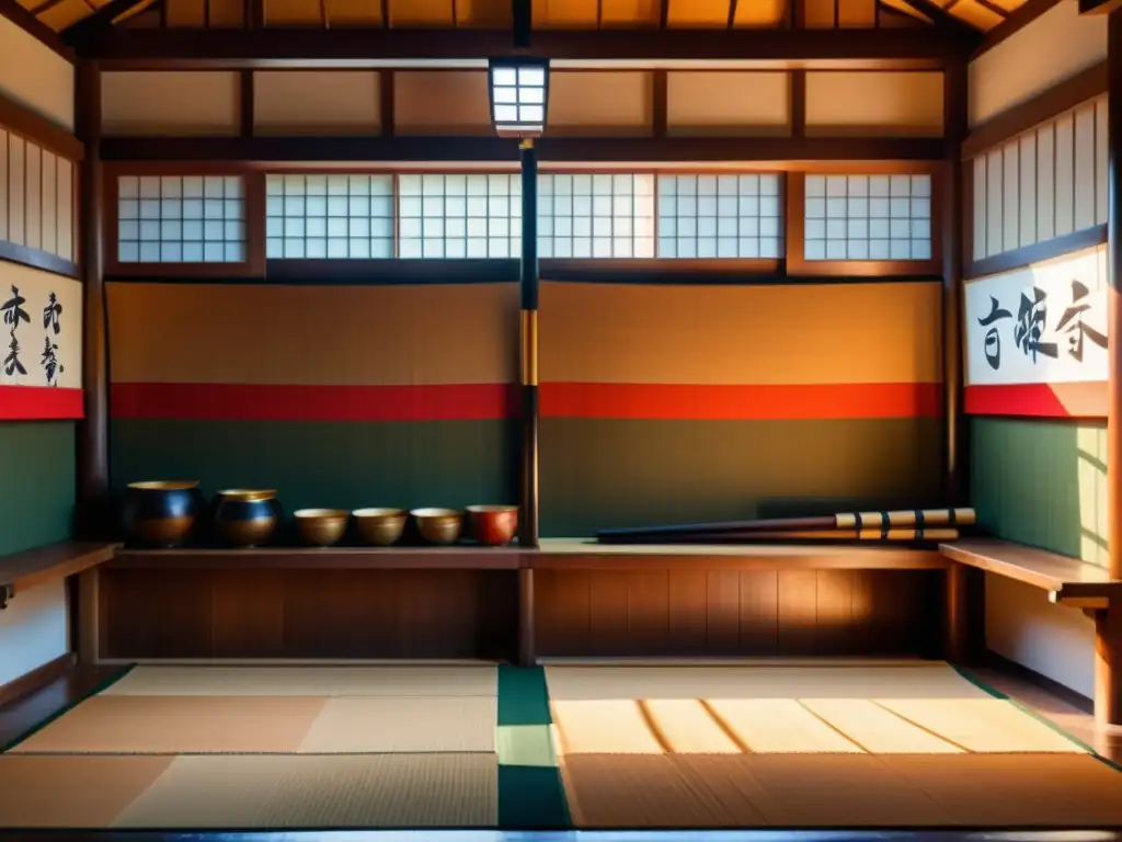 Una imagen detallada de un dojo tradicional japonés con hakamas coloridas y patrones, armas de entrenamiento de madera y pergaminos de caligrafía