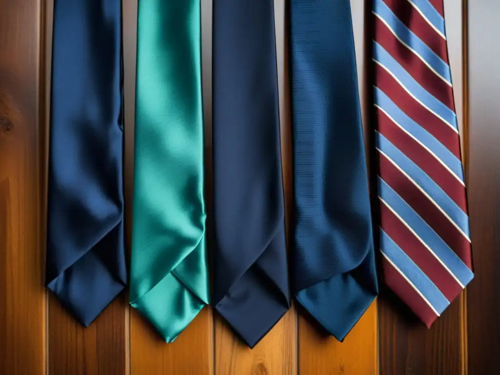 Una imagen detallada y elegante de corbatas expertamente atadas en diferentes estilos y colores, en una batalla por la elegancia masculina