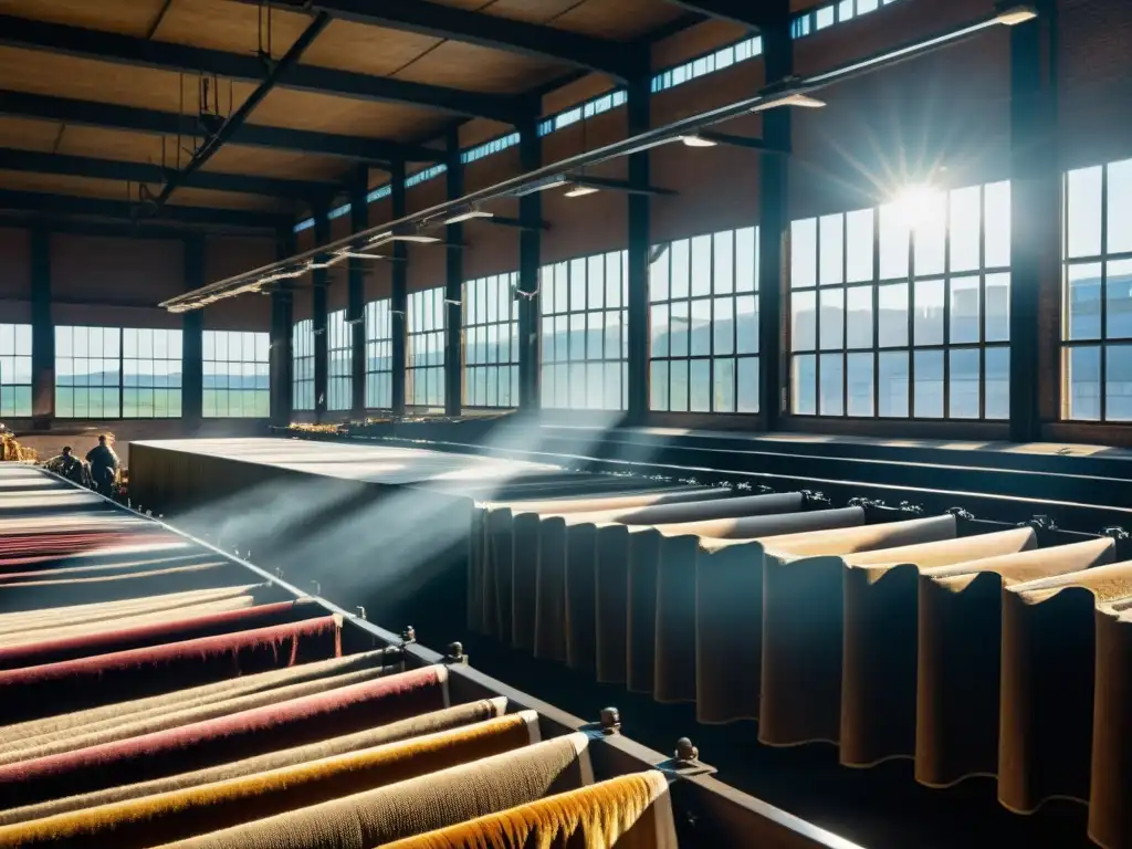 Imagen detallada 8k de una fábrica textil histórica durante la revolución industrial, destacando el impacto del terciopelo en la producción, con trabajadores operando telares de terciopelo y contrastes de luz y sombra dramáticos