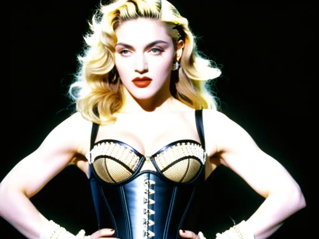 Una imagen detallada de Madonna usando el icónico corsé de Jean Paul Gaultier durante su gira Blonde Ambition en 1990