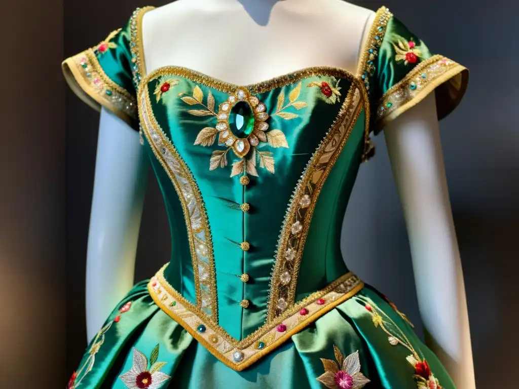 Imagen detallada de un lujoso vestido de seda del siglo XVIII con motivos florales y adornos de lujo