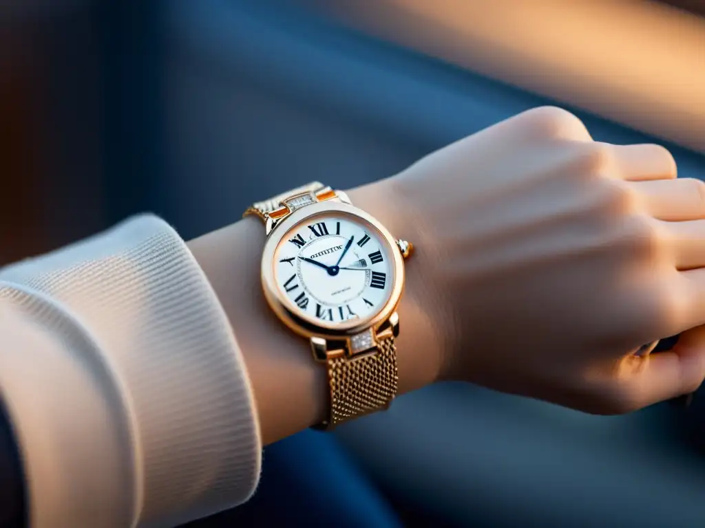 Una imagen detallada de una mano con un elegante reloj Cartier, destacando sus intrincados detalles y su sofisticación atemporal