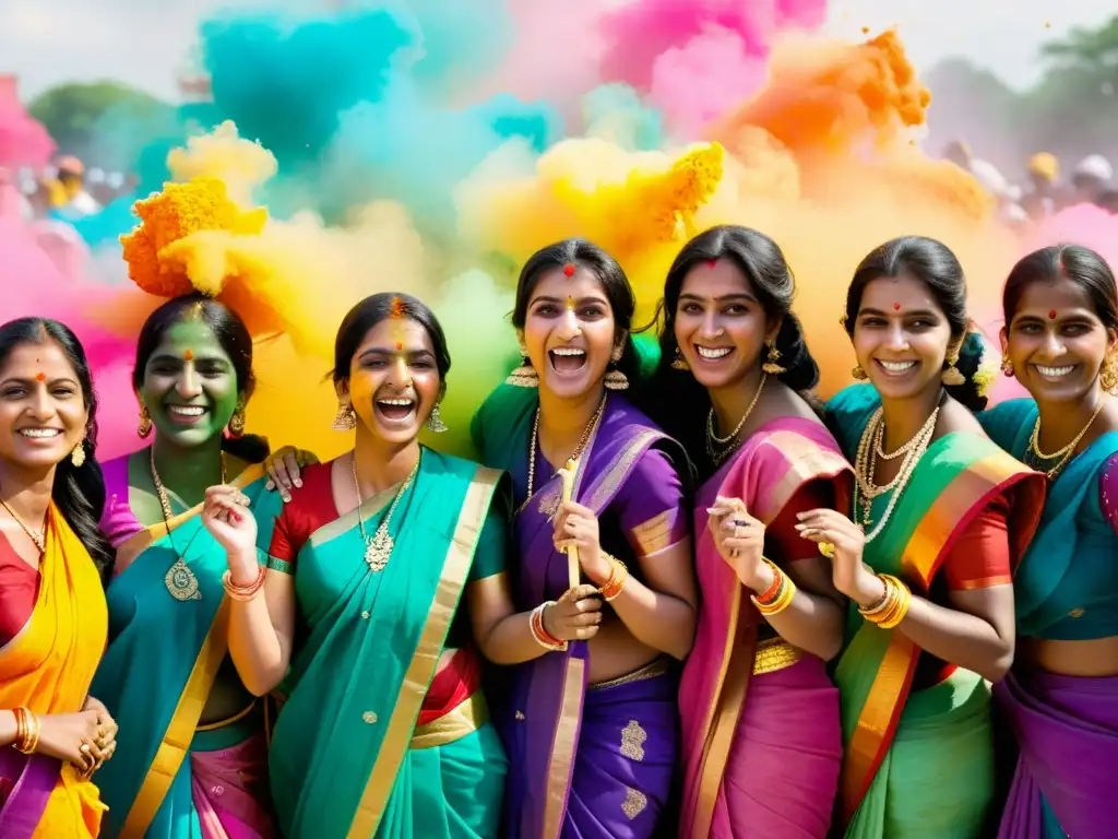 Imagen detallada de mujeres en vibrantes sarees y joyería tradicional, participando en el festival Holi