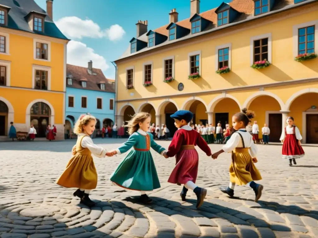 Imagen detallada de niños jugando en una plaza europea del siglo XIX, vistiendo trajes tradicionales