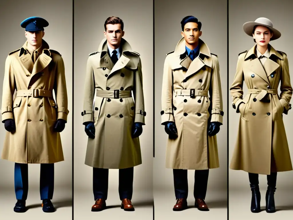 Imagen detallada de la evolución del trench coat, desde su origen militar hasta su lugar en la moda europea