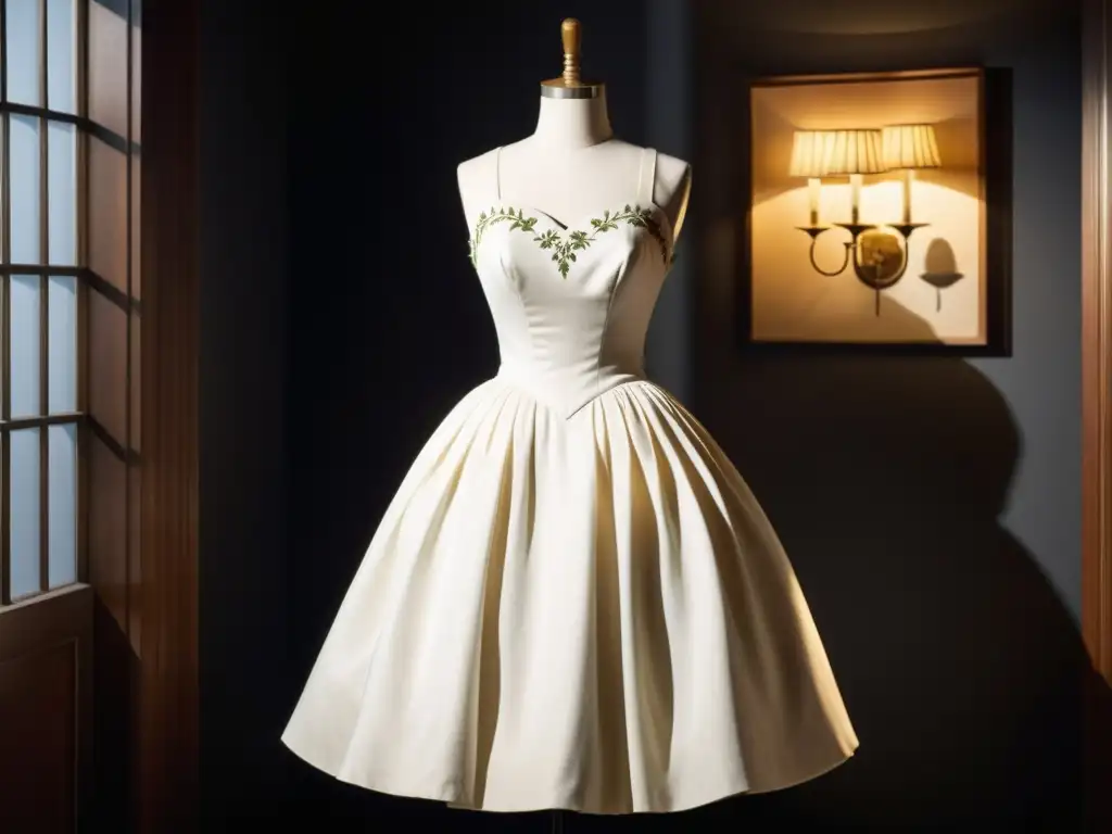 Una imagen detallada de un vestido blanco de seda del New Look de Dior de 1947, conservado con meticulosidad en una sala de conservación