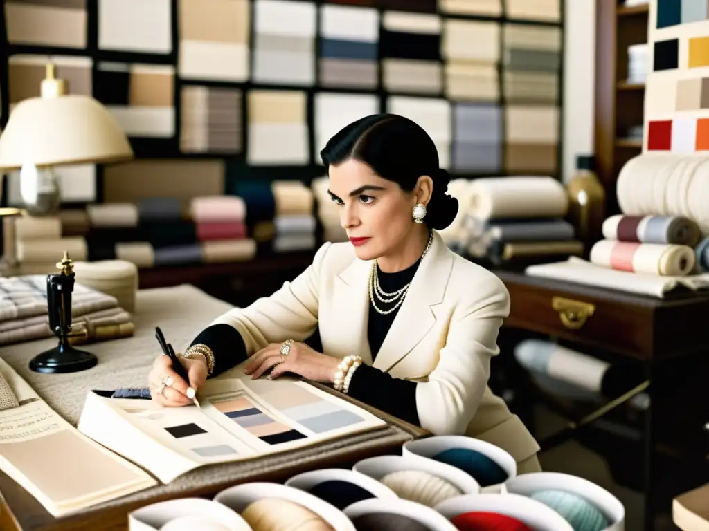 Imagen documental de Coco Chanel en su atelier, inmersa en la creación de diseño