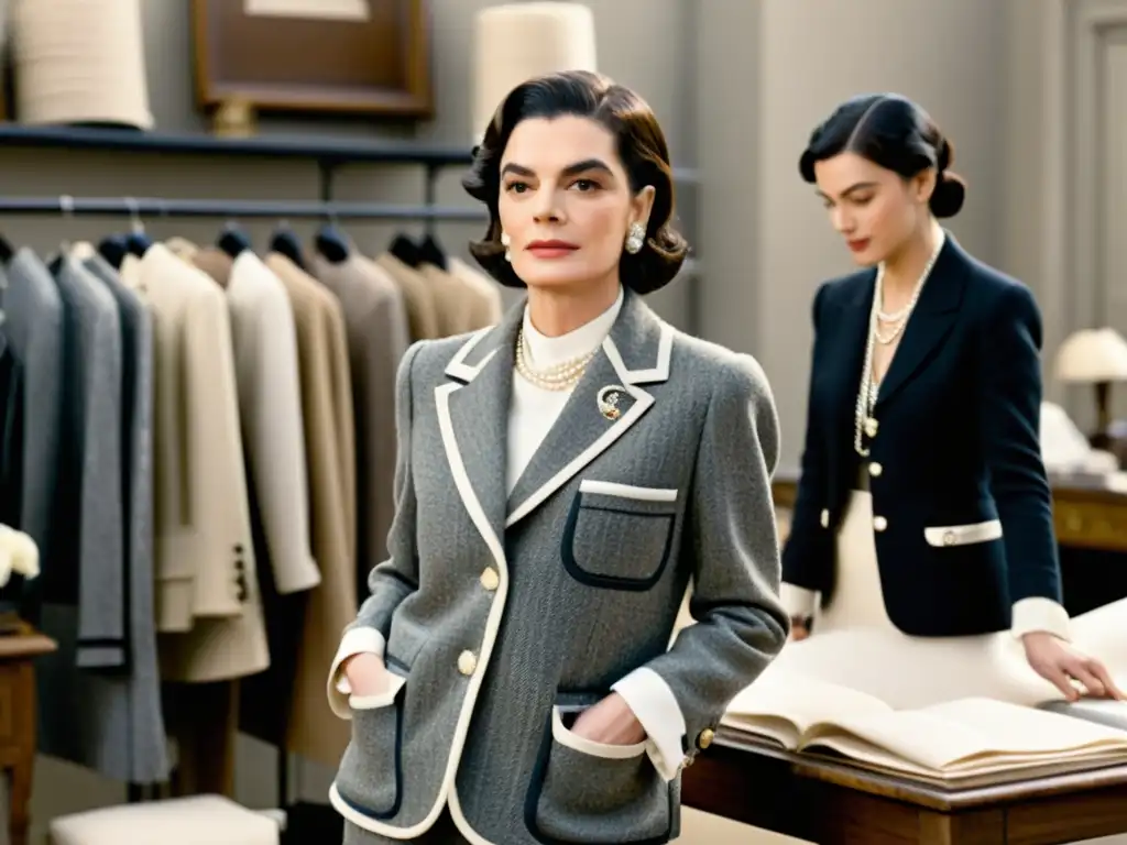 Imagen documental de Coco Chanel en un atelier parisino, supervisando la creación del icónico traje de tweed