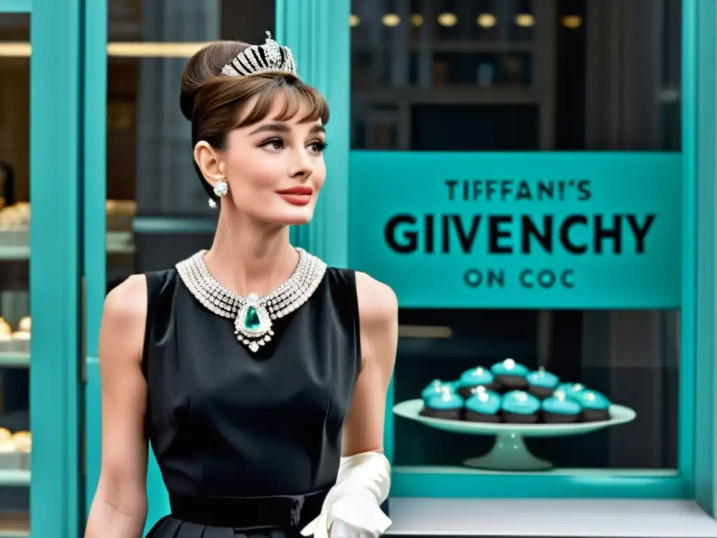 Imagen documental de Audrey Hepburn como Holly Golightly en el icónico vestido negro de Givenchy, frente a la tienda Tiffany & Co