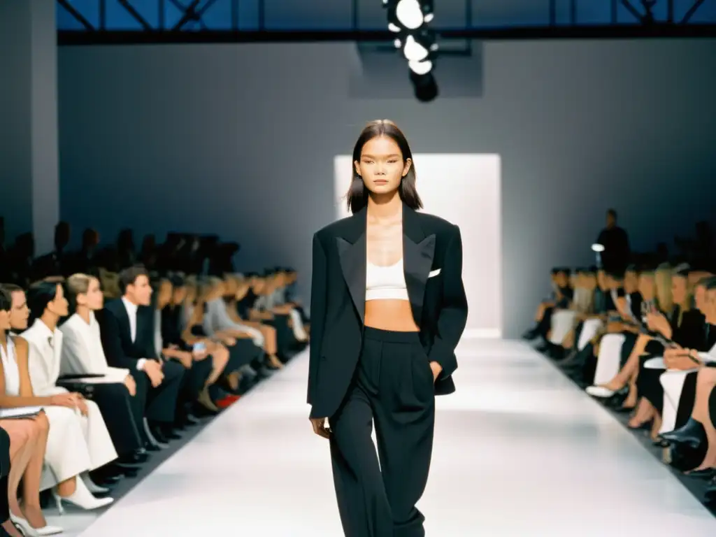 Imagen documental en blanco y negro de un desfile de moda de Calvin Klein de los años 90