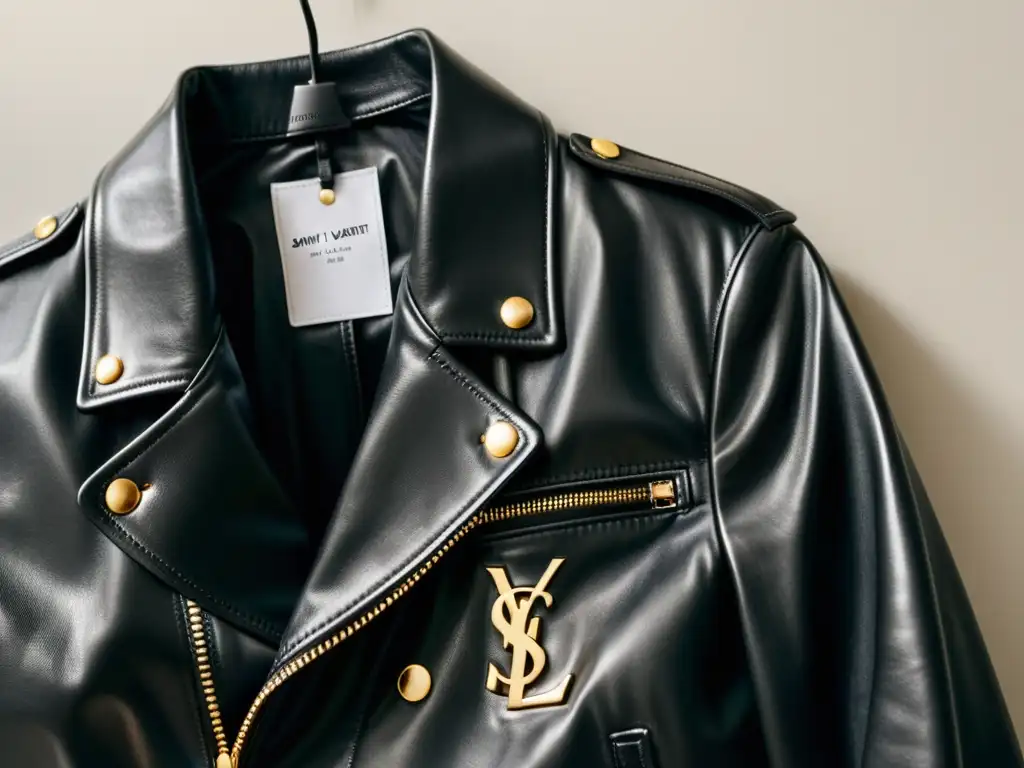 Una imagen documental de cerca de una chaqueta de cuero vintage de Saint Laurent, con textura rica y logo icónico sutilmente grabado en el bolsillo