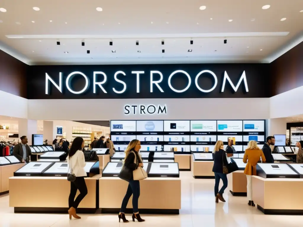 Una imagen documental de alta resolución de una concurrida tienda Nordstrom, mostrando la integración omnicanal