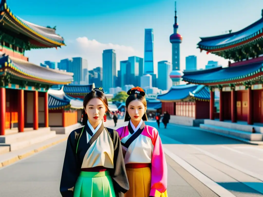 Imagen documental de las contrastantes modas surcoreanas hoy: hanbok tradicional y moda callejera vibrante en las bulliciosas calles de Seúl