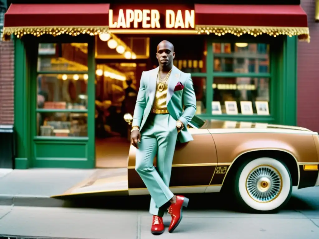 Imagen documental de Dapper Dan en los años 80, en su icónica boutique de Harlem, vistiendo una creación de streetwear de lujo personalizado