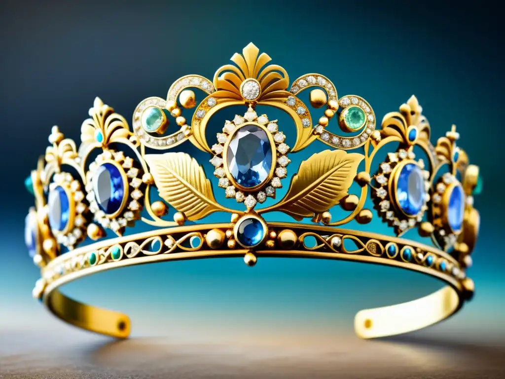 Imagen documental de la evolución de diademas: desde una tiara griega con gemas preciosas, pasando por una diadema medieval, hasta una moderna y ornamentada diadema real