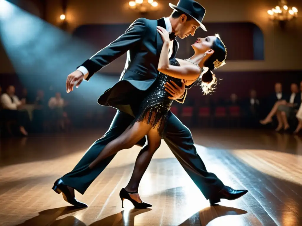 Imagen documental de un elegante bailarín de tango argentino, evocando la evolución del estilo argentino en moda con gracia y sofisticación en la pista de baile tenue