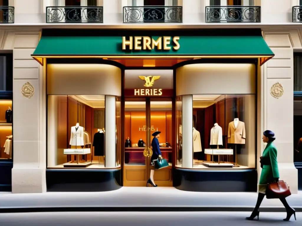 Imagen documental de la histórica tienda Hermès en París, evocando la historia de la moda Hermès con elegancia y lujo atemporal