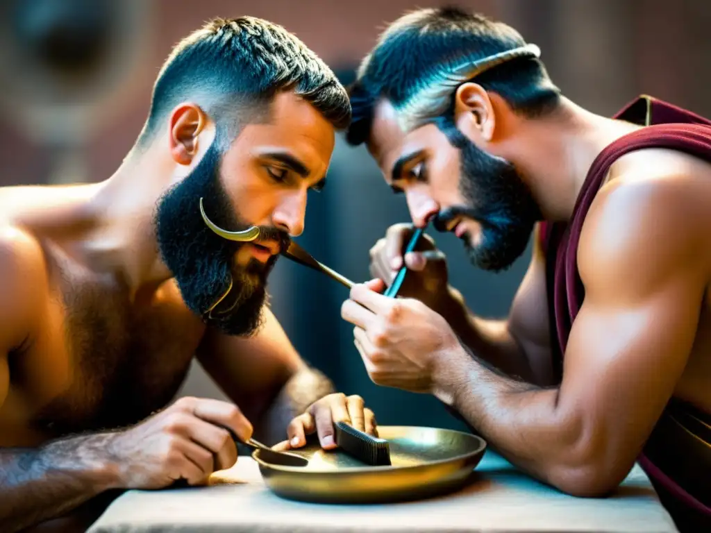 Imagen documental de hombres romanos antiguos cuidando meticulosamente sus barbas con herramientas tradicionales