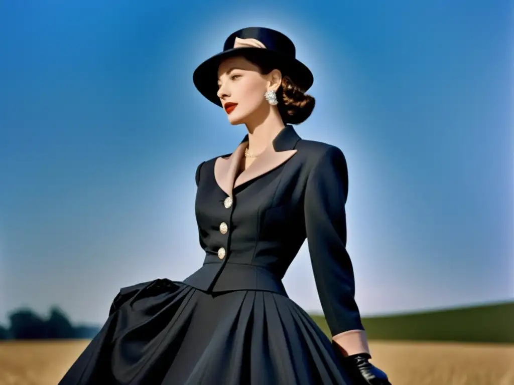 Imagen documental de la icónica colección New Look de Dior en 1947, mostrando un elegante traje de falda amplia y chaqueta, con detalles de alta costura y una modelo en París