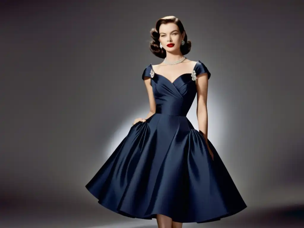 Una imagen documental de alta resolución de la icónica colección 'New Look' de Christian Dior de 1947, con un vestido de lujo y silueta estructurada