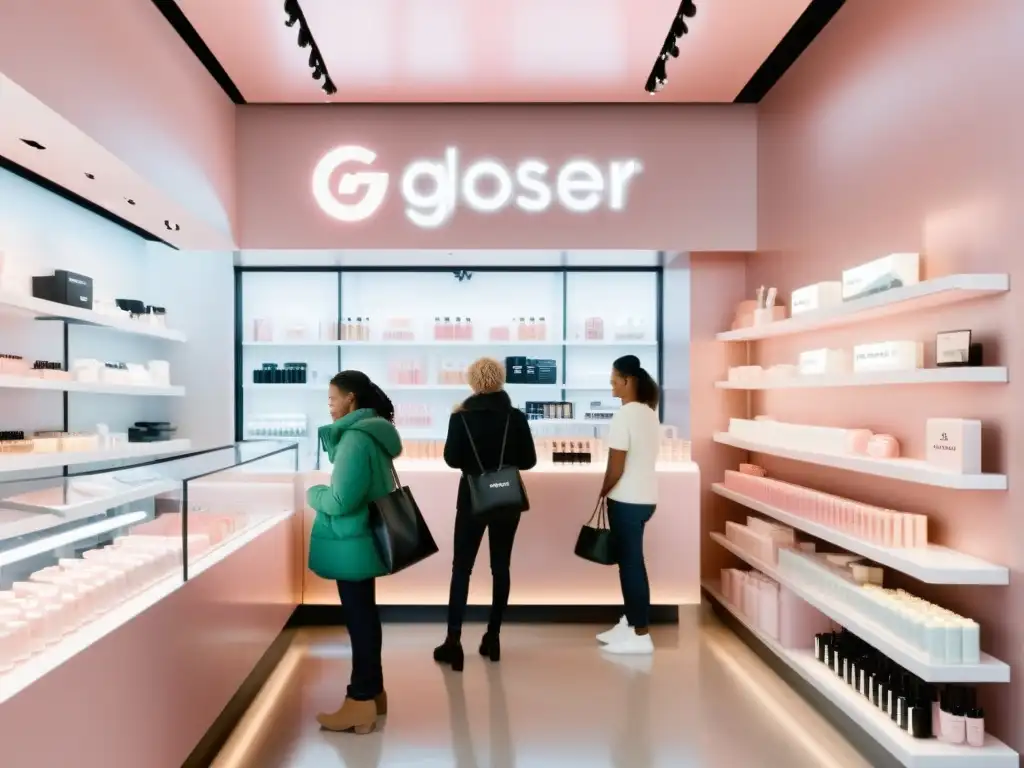 Una imagen documental de alta resolución que muestra la bulliciosa tienda de Glossier, con una diversa clientela interactuando con los productos