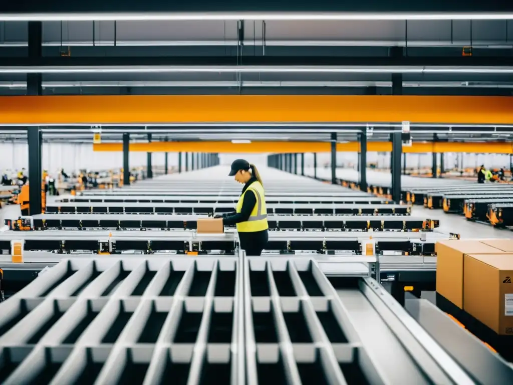 Una imagen documental de alta resolución de un bullicioso centro de cumplimiento de Zalando, mostrando la integración perfecta de tecnología y mano de obra humana en la industria minorista de moda online