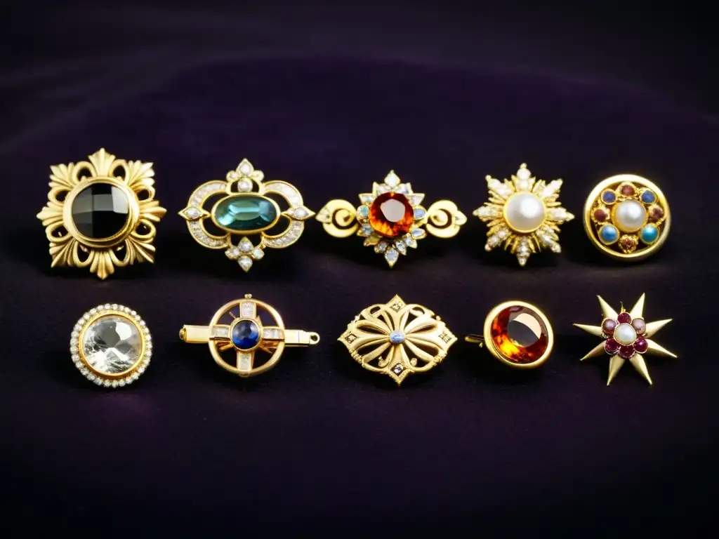 Una imagen documental de alta resolución muestra una variedad de broches y alfileres en un fondo de terciopelo oscuro