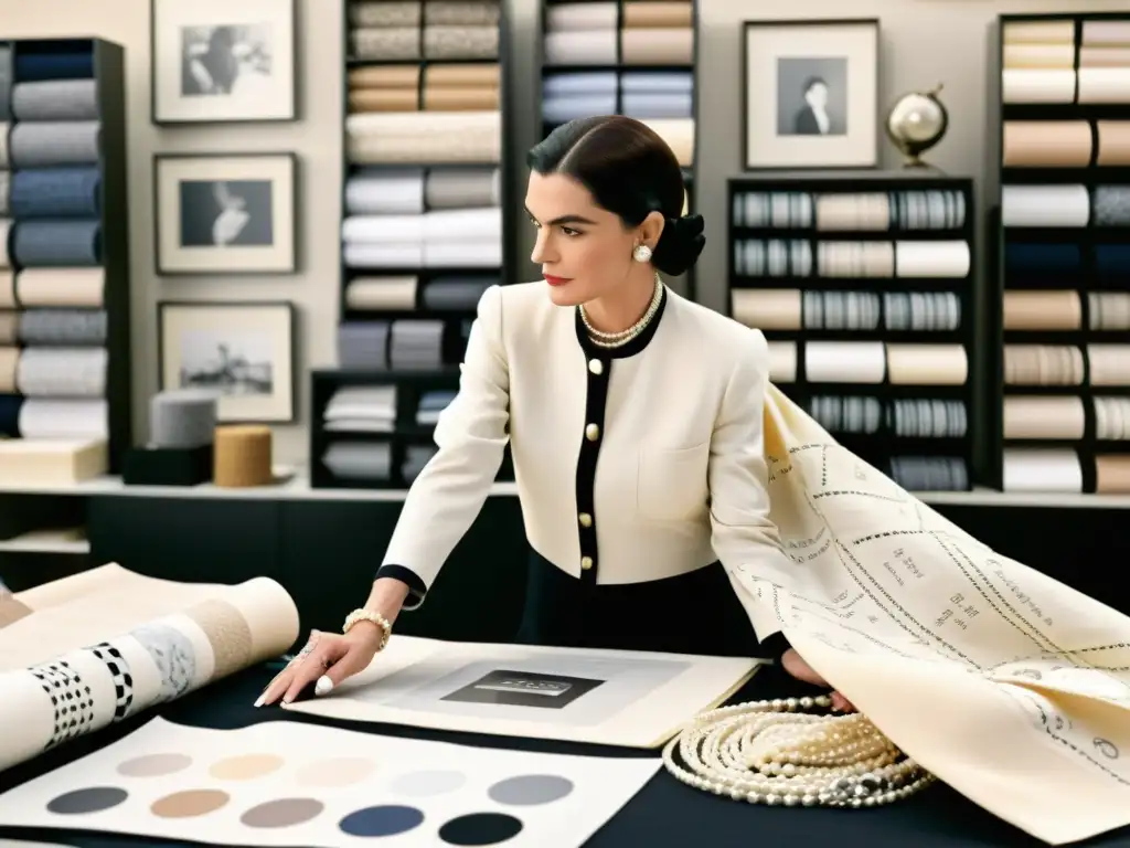 Imagen documental de Coco Chanel en su taller, rodeada de bocetos, telas y modelos luciendo sus diseños icónicos