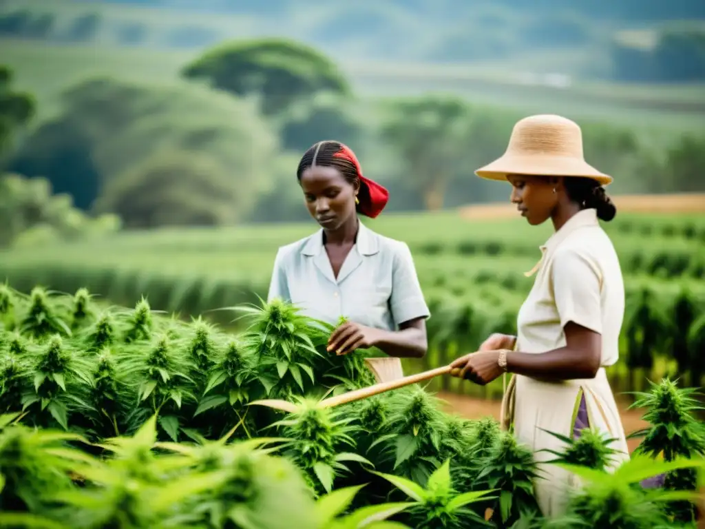 Imagen documental de una plantación histórica de cáñamo con trabajadores cultivando, destacando la evolución del cáñamo en moda y su belleza natural