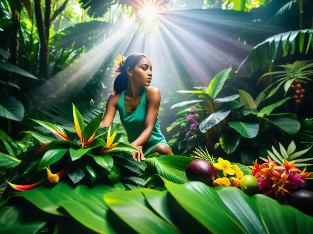 Imagen de exuberante selva tropical con ingredientes exóticos para productos de belleza, resaltando biodiversidad y sostenibilidad