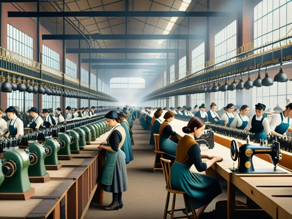 Imagen de fábrica textil en la Revolución Industrial con técnicas de confección moda