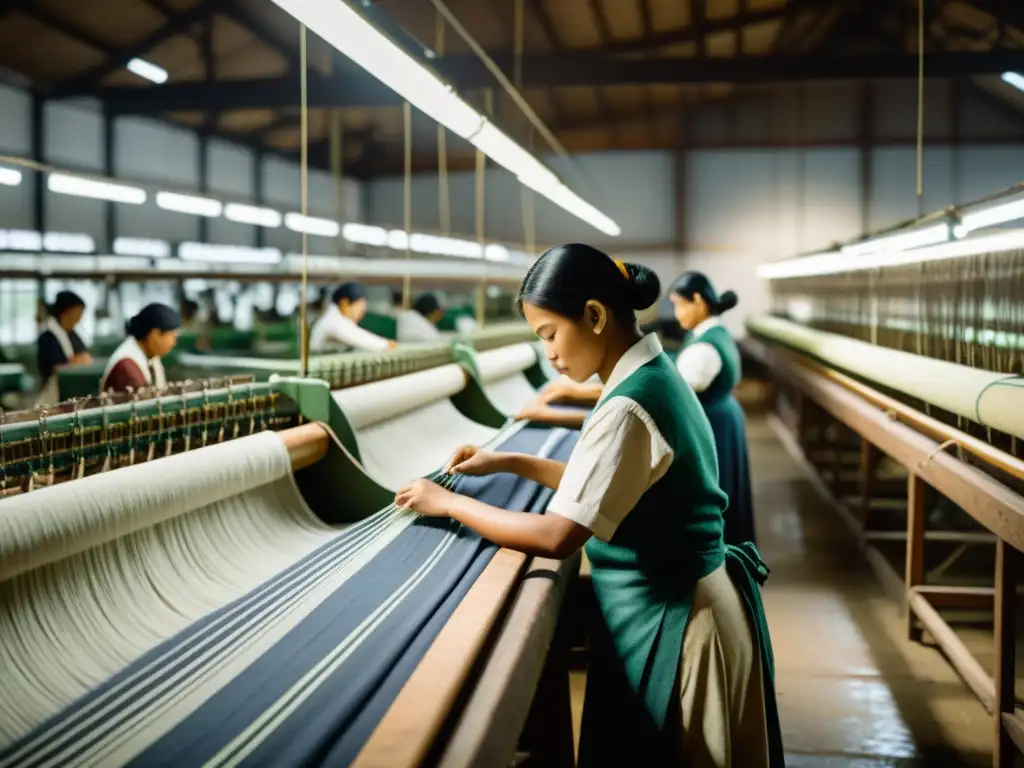 Imagen de fábrica textil vintage con trabajadores tejiendo a mano, destacando el origen y evolución moda sostenible